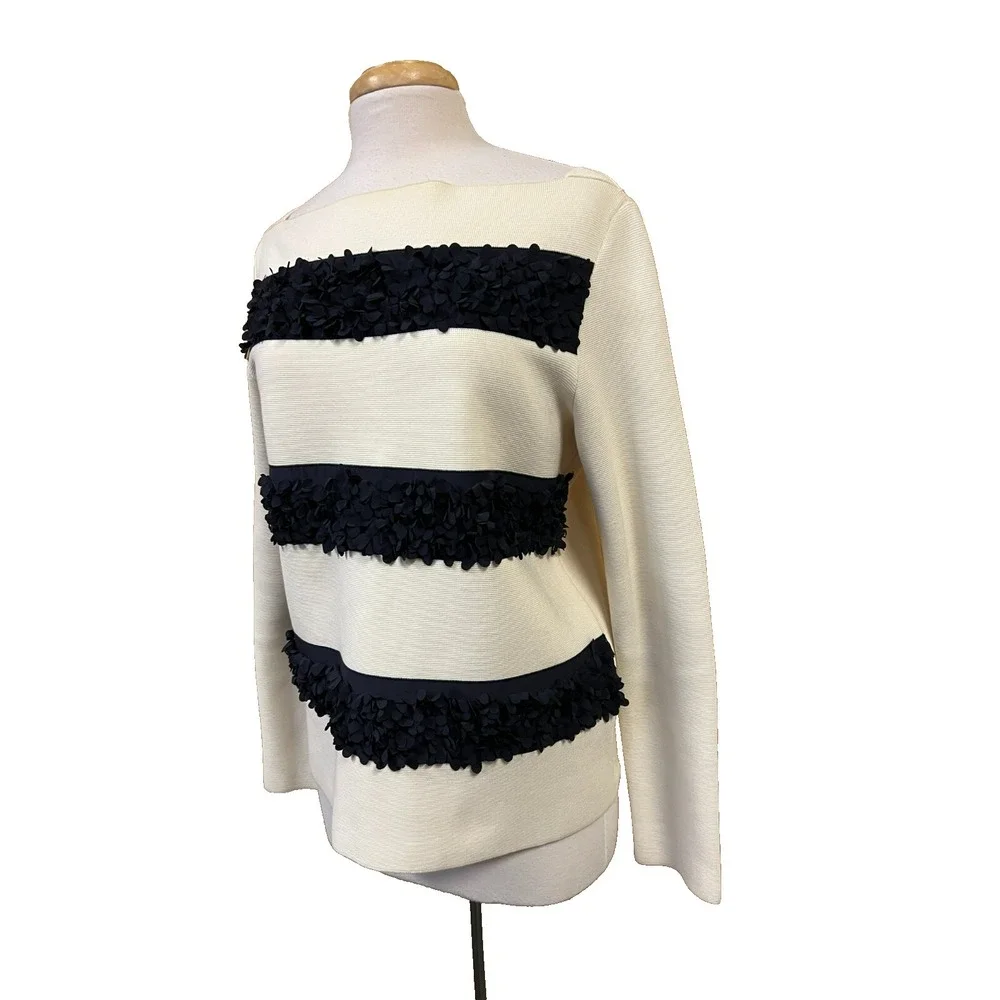 Tory Burch Flutter Flower Striped Top Bateau Neck Ivory Blue Long Sleeves SZ‎ M